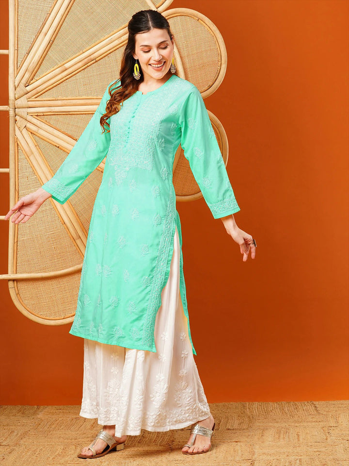 Sea-Green-Cotton-Embroidered-Chikankari-Kurta