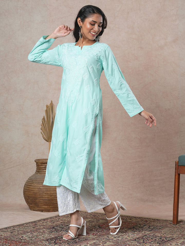 Sea-Green-Cotton-Embroidered-Chikankari-Straight-Kurta