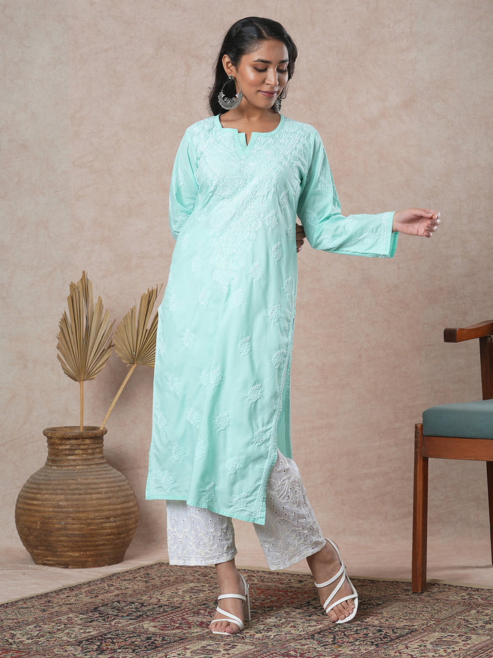 Sea-Green-Cotton-Embroidered-Chikankari-Straight-Kurta