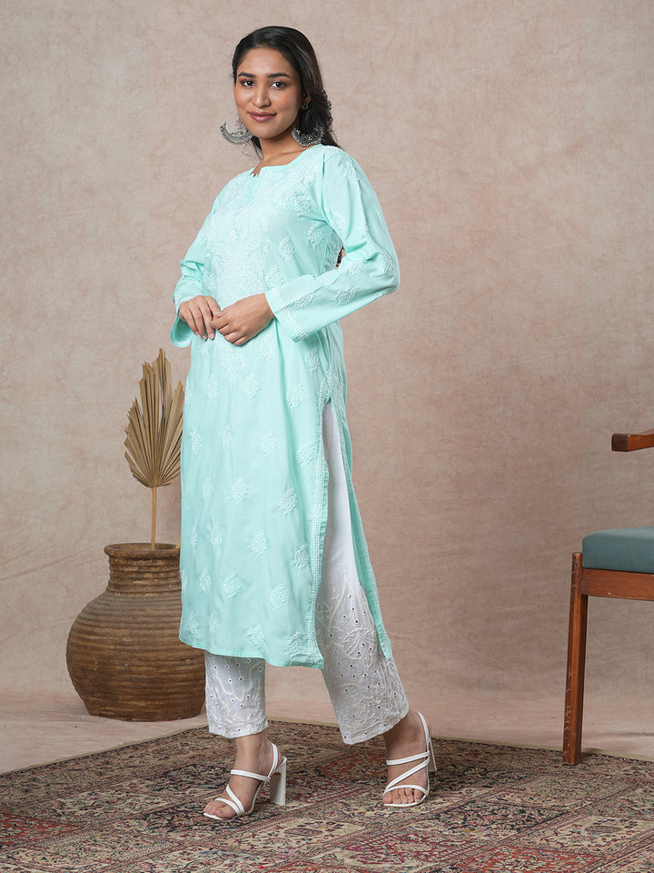 Sea-Green-Cotton-Embroidered-Chikankari-Straight-Kurta