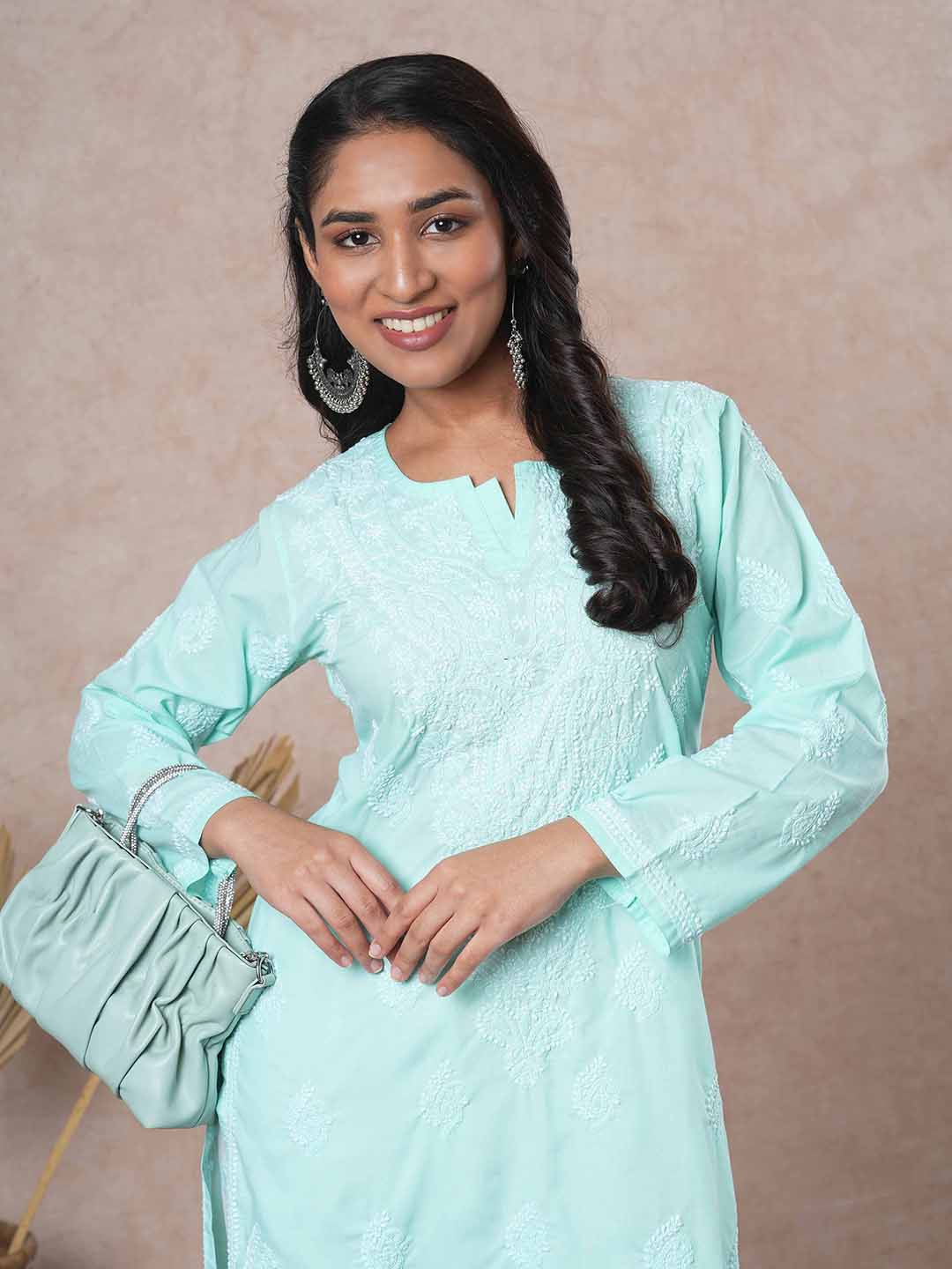 Sea-Green-Cotton-Embroidered-Chikankari-Straight-Kurta