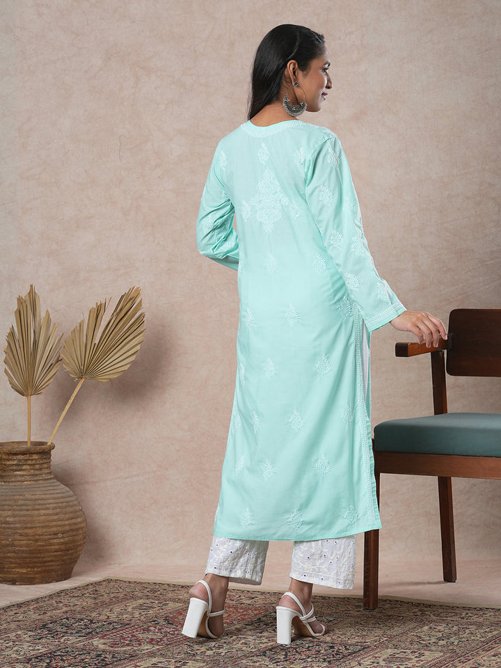 Sea-Green-Cotton-Embroidered-Chikankari-Straight-Kurta