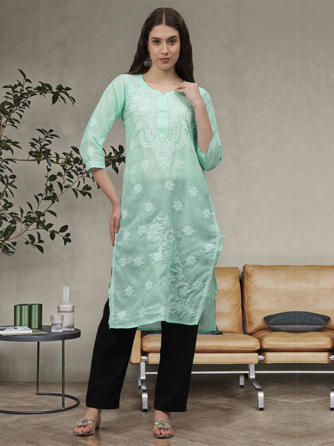 Sea-Green-Cotton-Embroidery-Chikankari-Kurta