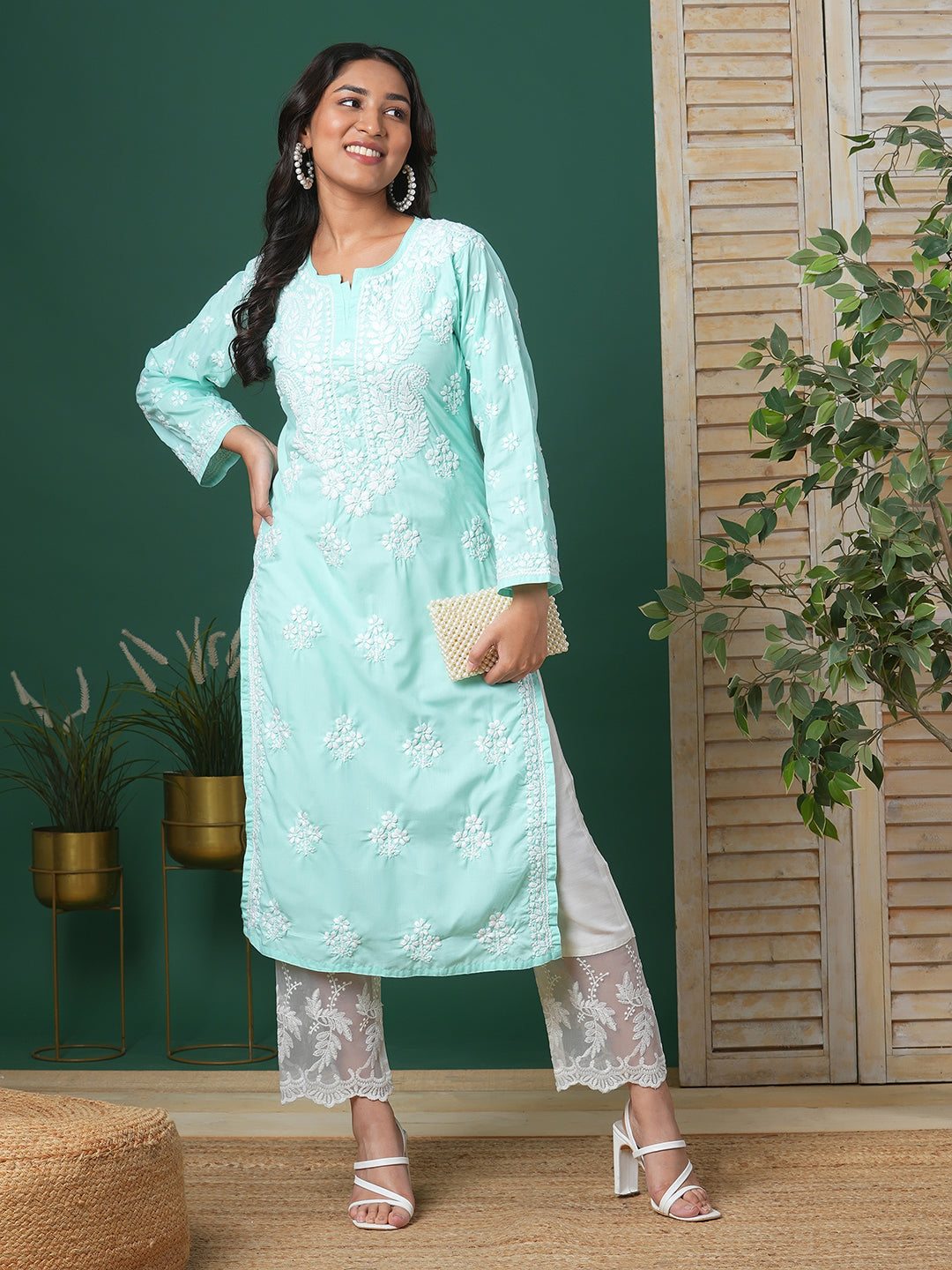 Sea-Green-Cotton-Floral-Notch-Neck-Chikankari-Kurta