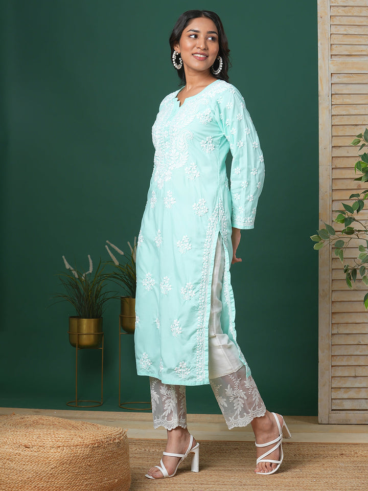 Sea-Green-Cotton-Floral-Notch-Neck-Chikankari-Kurta