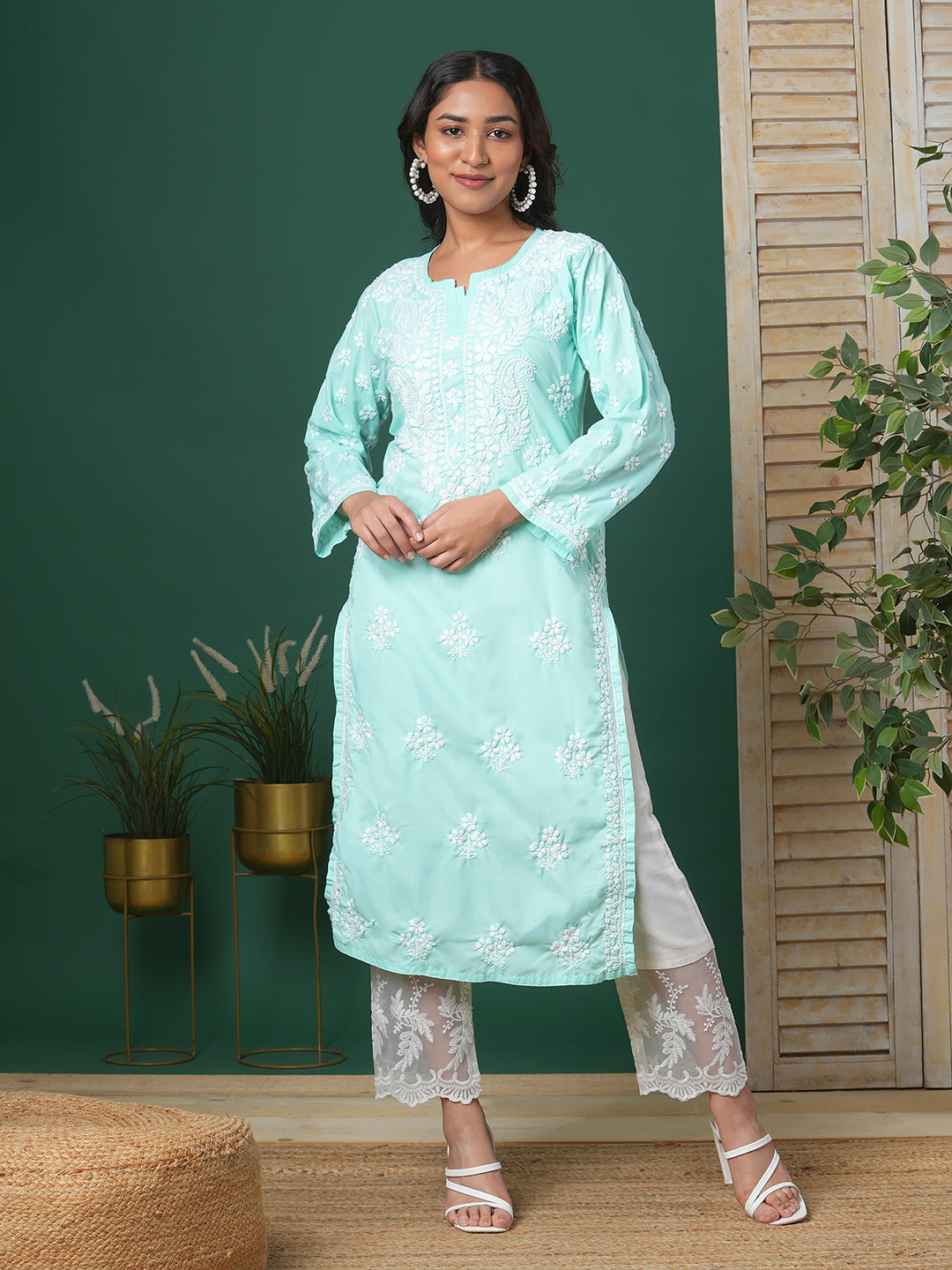 Sea-Green-Cotton-Floral-Notch-Neck-Chikankari-Kurta