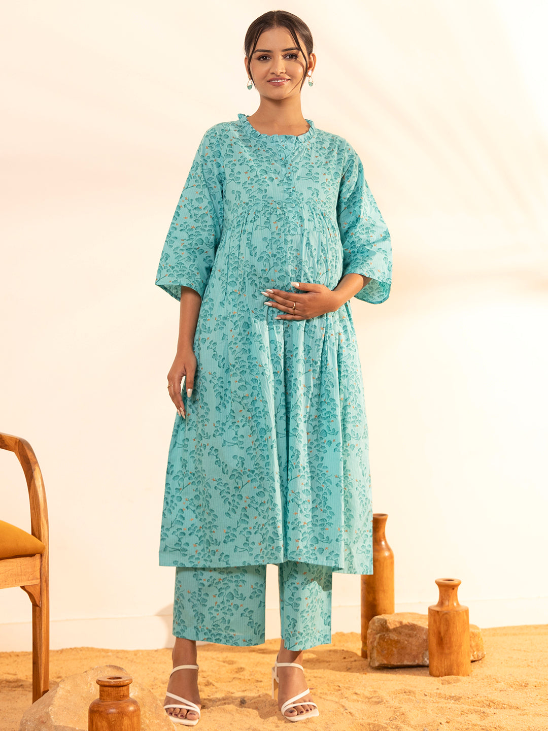 Sea-Green-Cotton-Floral-Printed-Gathered-2-Piece-Kurta-Set