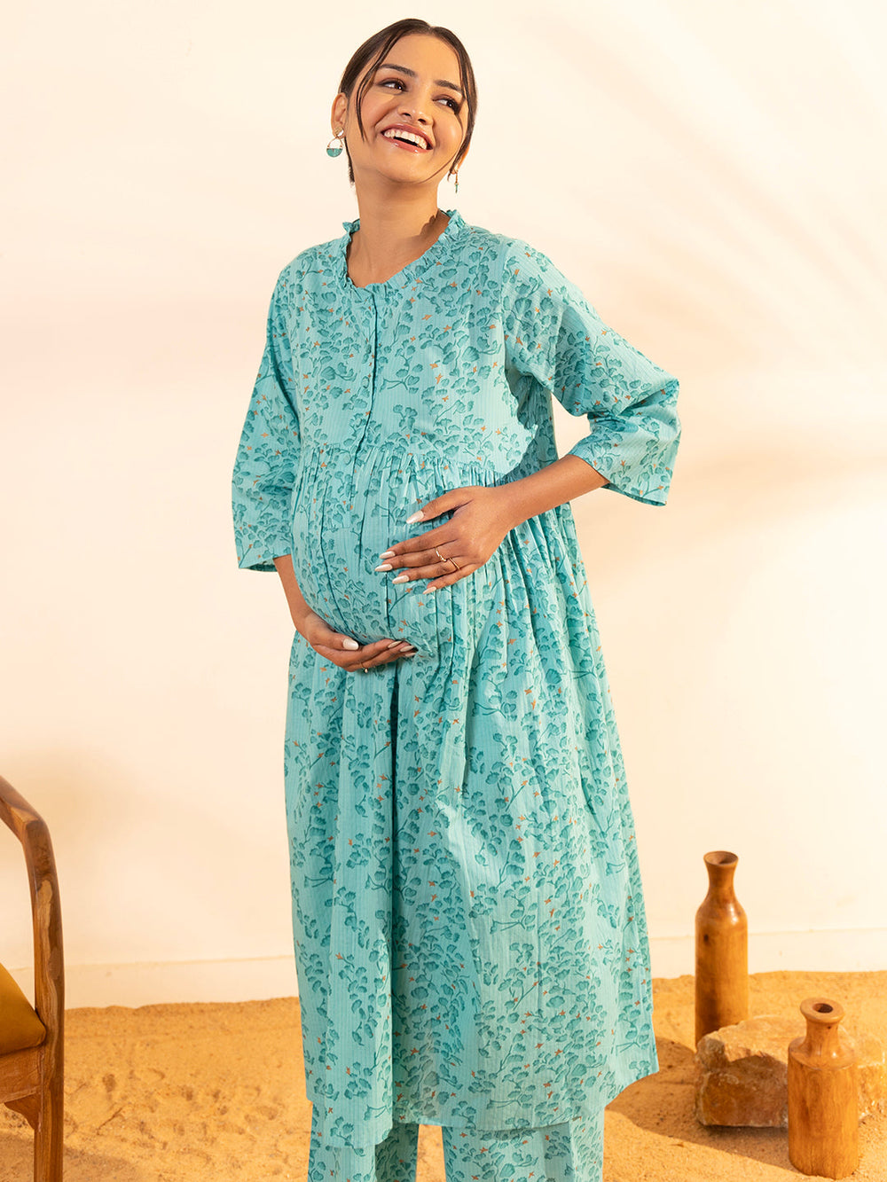 ZERESOUQ-Sea-Green-Cotton-Floral-Printed-Gathered-2-Piece-Kurta-Set