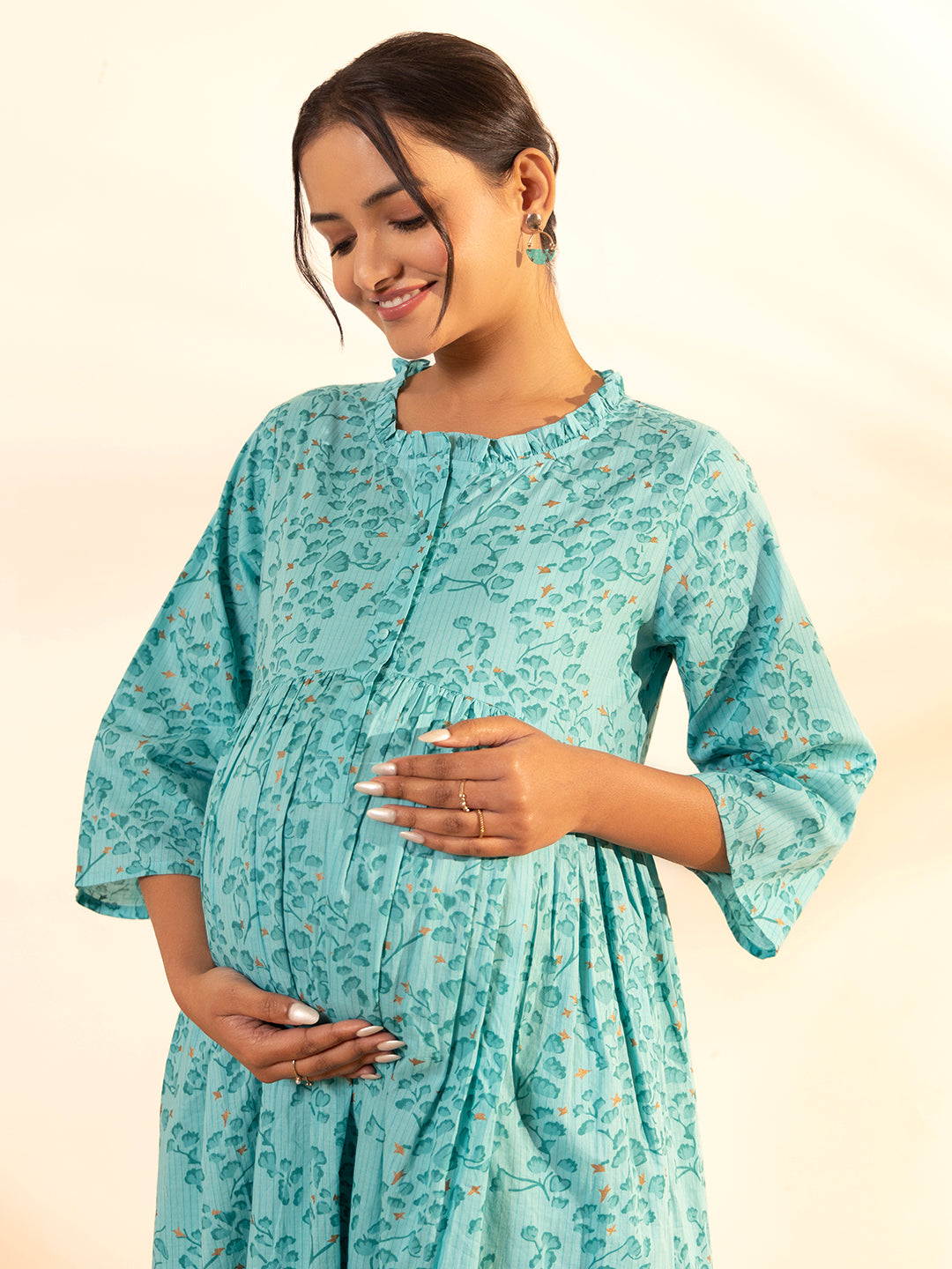 ZERESOUQ-Sea-Green-Cotton-Floral-Printed-Gathered-2-Piece-Kurta-Set