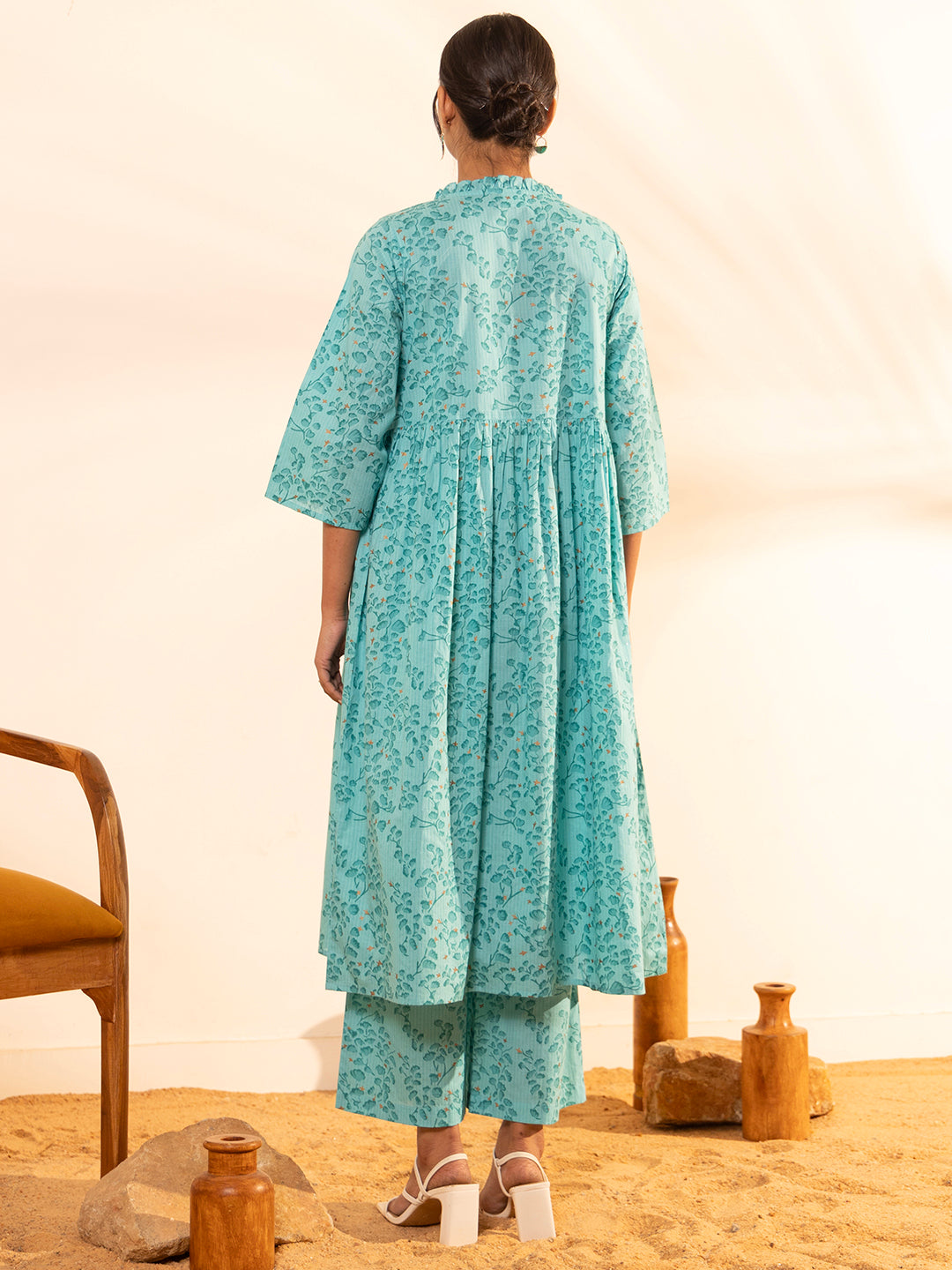 ZERESOUQ-Sea-Green-Cotton-Floral-Printed-Gathered-2-Piece-Kurta-Set