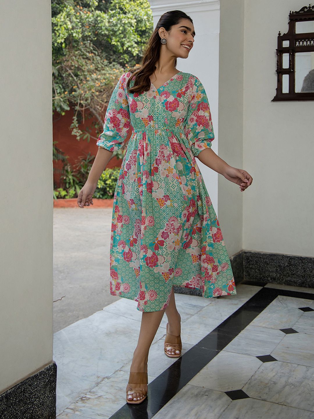 ZERESOUQ-Sea-Green-Cotton-V-Neck-Dress