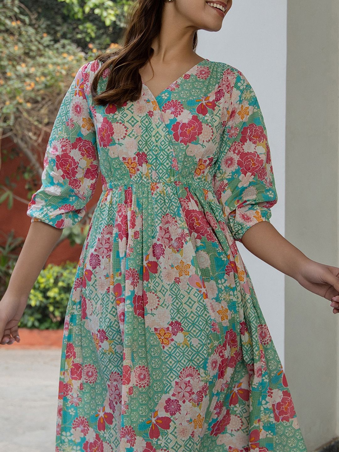 ZERESOUQ-Sea-Green-Cotton-V-Neck-Dress