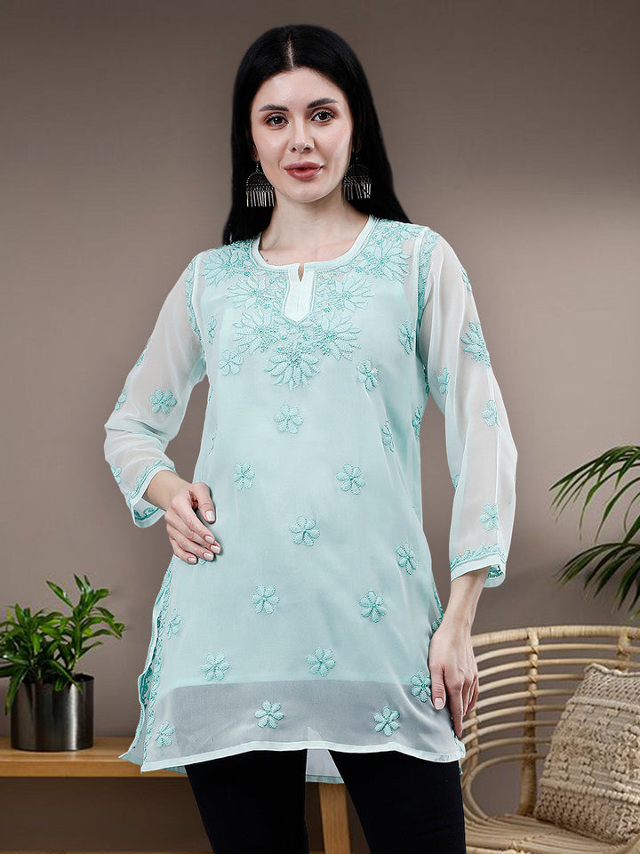 Sea-Green-Georgette-Chikankari-Short-Tunic-with-Slip