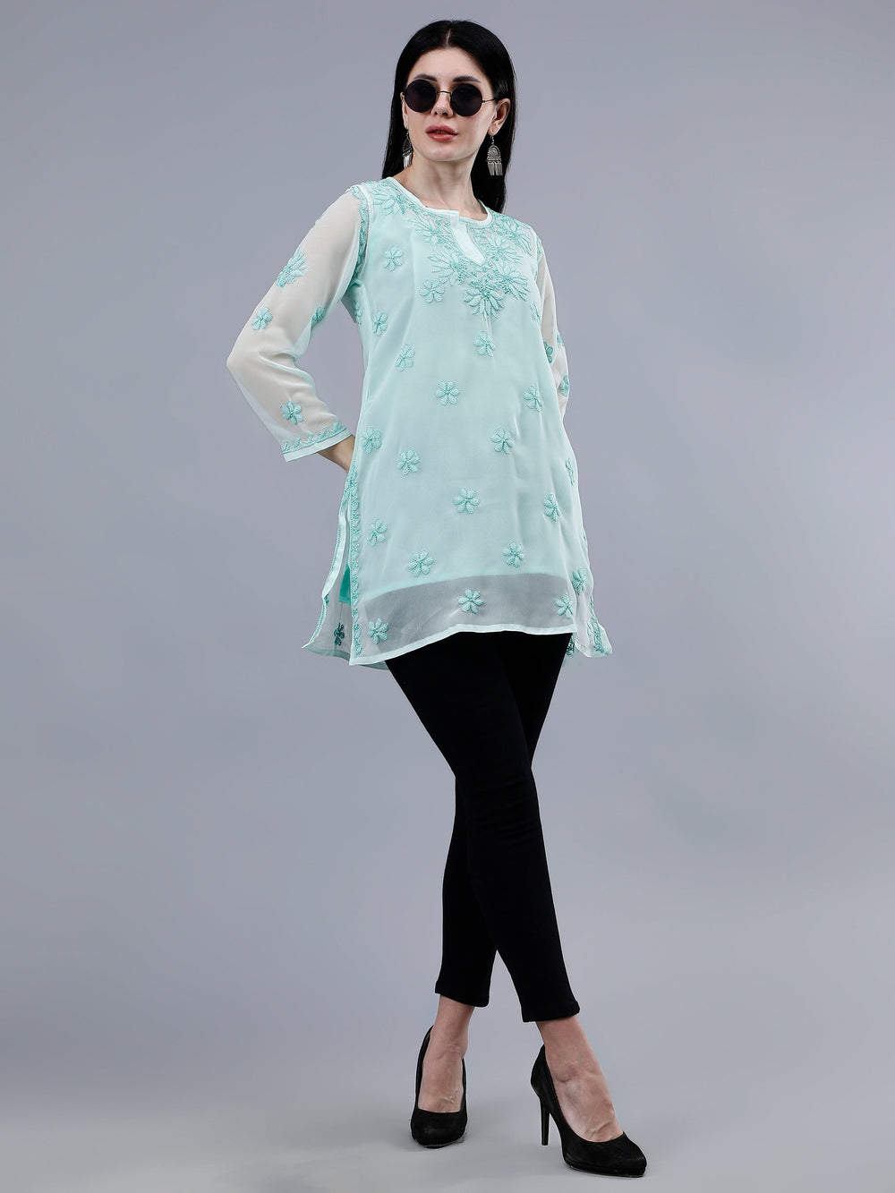 Sea-Green-Georgette-Chikankari-Short-Tunic-with-Slip