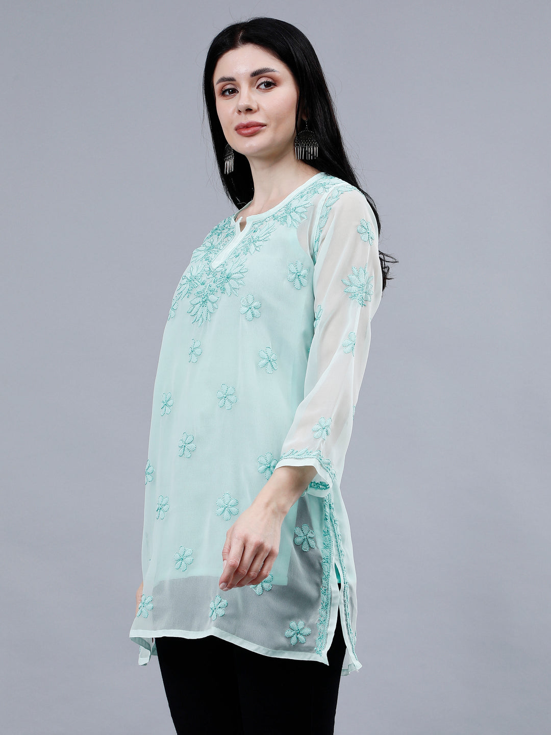 Sea-Green-Georgette-Chikankari-Short-Tunic-with-Slip