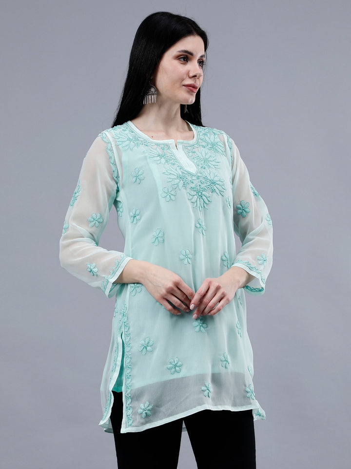 Sea-Green-Georgette-Chikankari-Short-Tunic-with-Slip