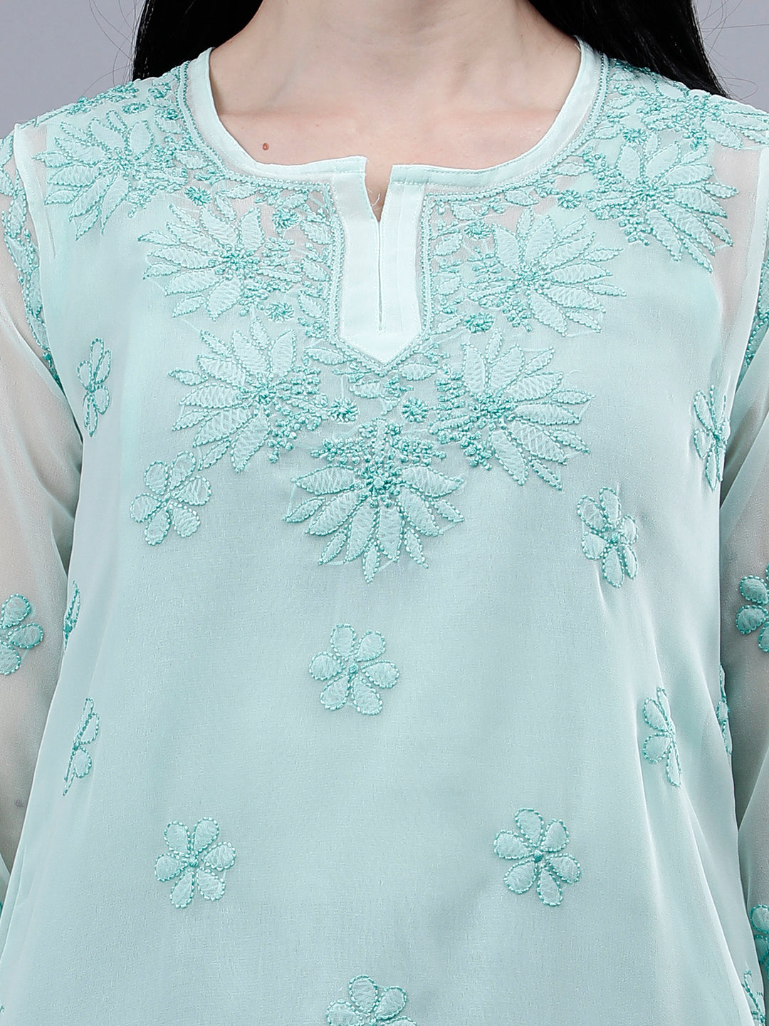 Sea-Green-Georgette-Chikankari-Short-Tunic-with-Slip