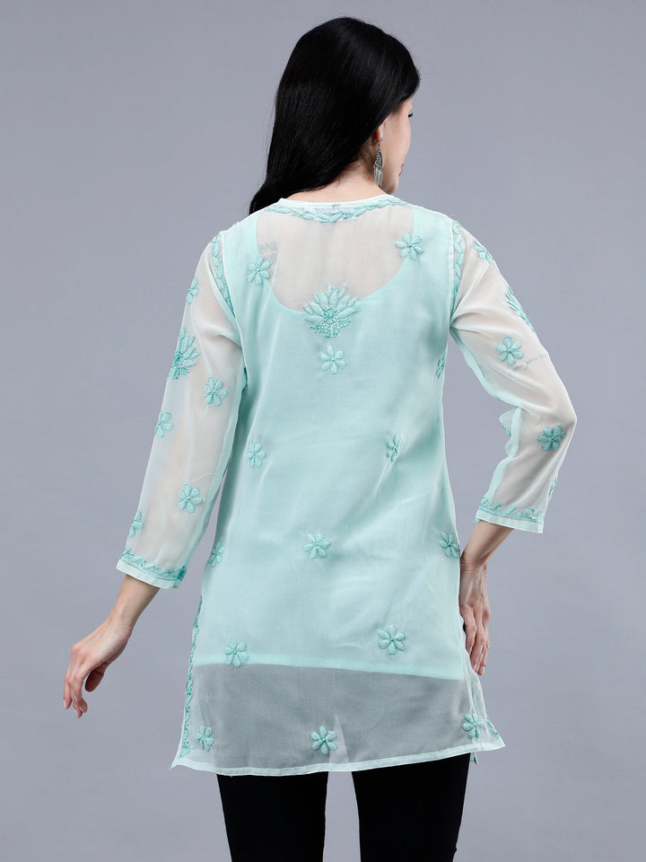 Sea-Green-Georgette-Chikankari-Short-Tunic-with-Slip