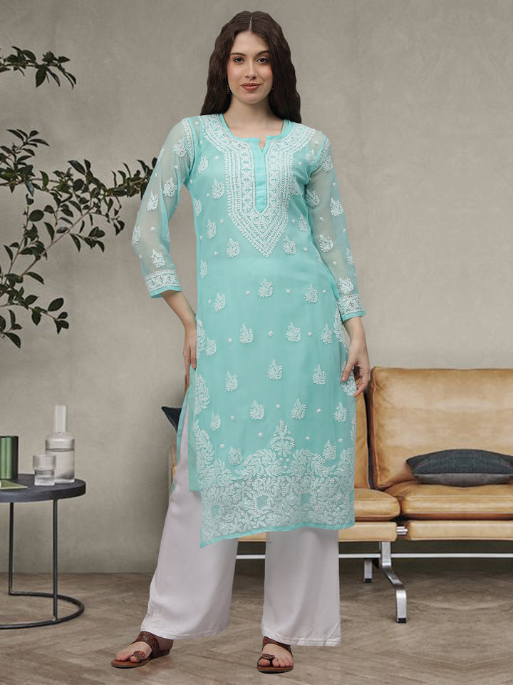 Sea-Green-Georgette-Embroidered-Chikankari-Kurti-With-Slip