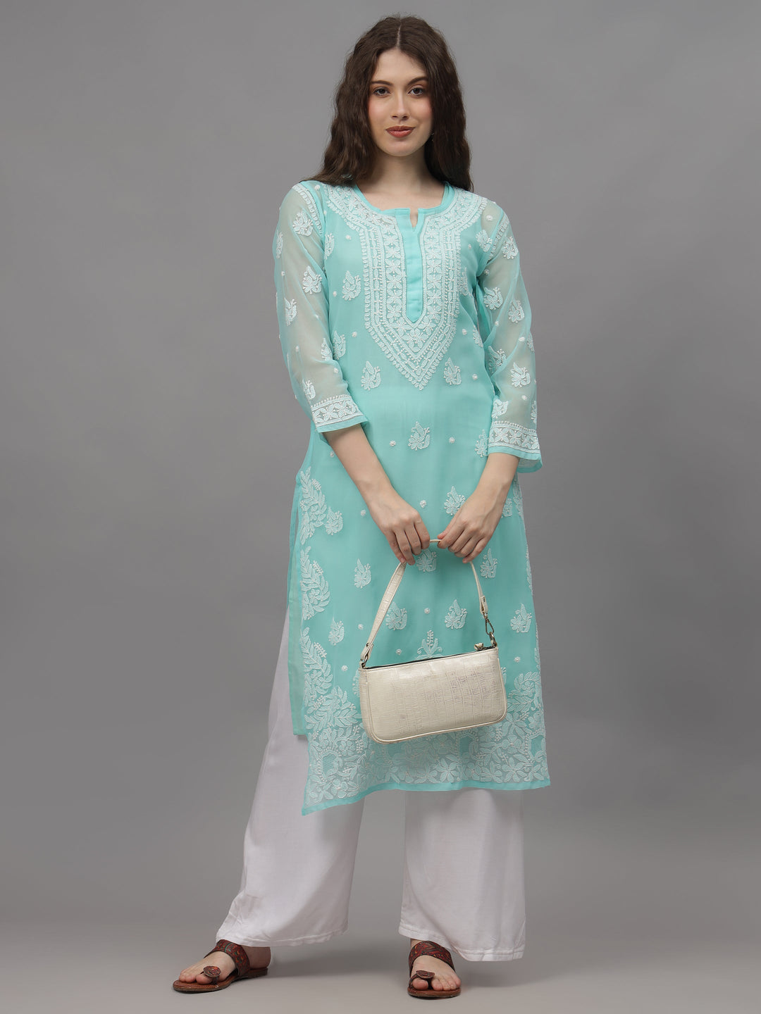 Sea-Green-Georgette-Embroidered-Chikankari-Kurti-With-Slip