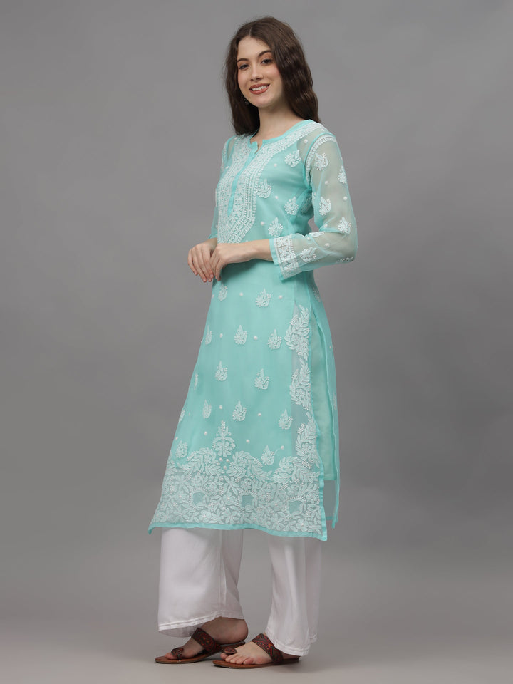 Sea-Green-Georgette-Embroidered-Chikankari-Kurti-With-Slip