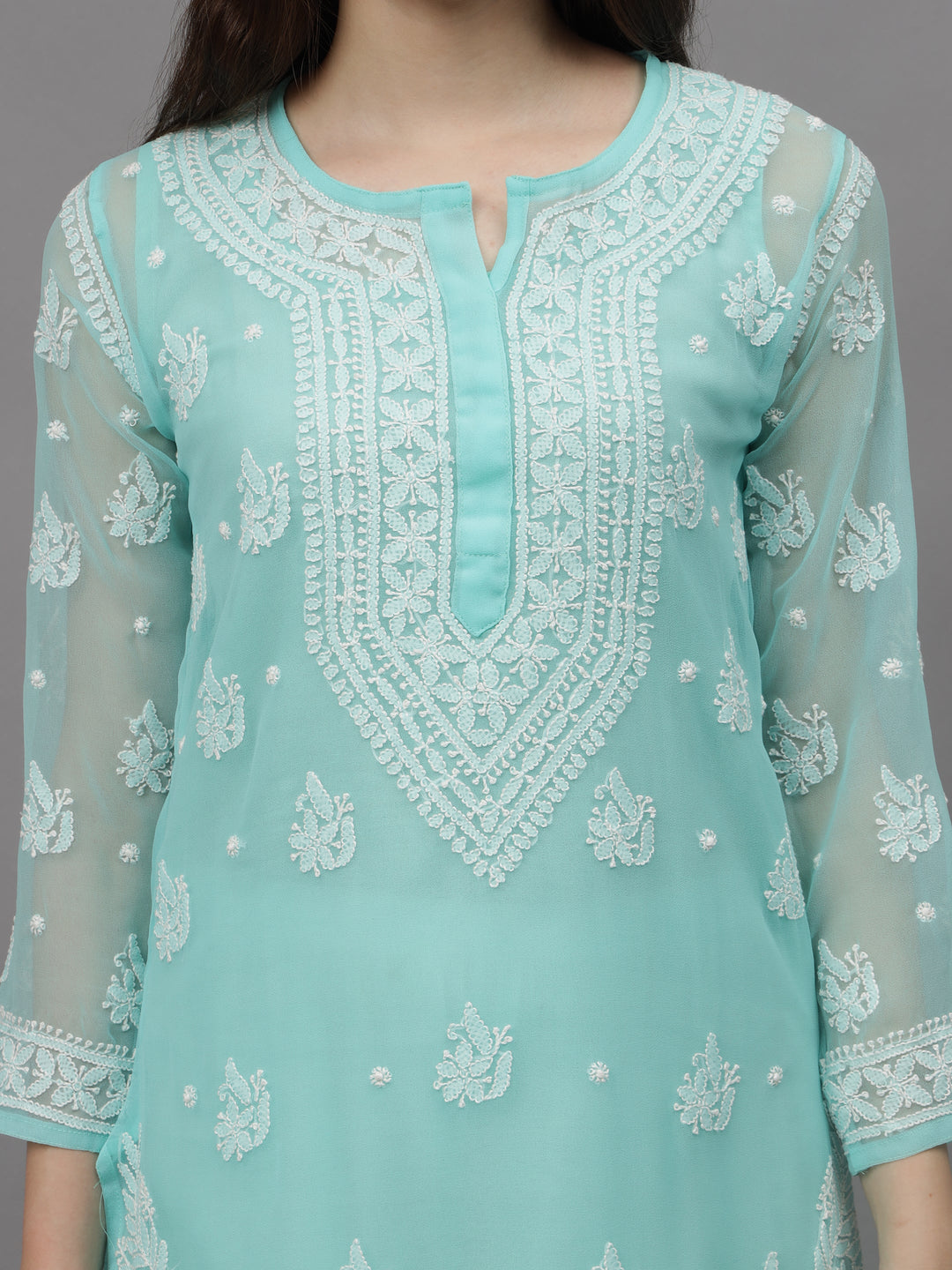 Sea-Green-Georgette-Embroidered-Chikankari-Kurti-With-Slip