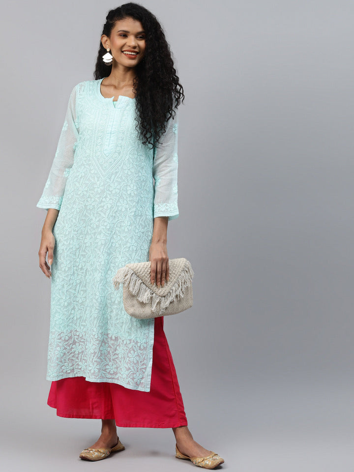 Sea-Green-Kota-Handloom-Embroidered-Chikankari-Kurta-With-Matching-Slip