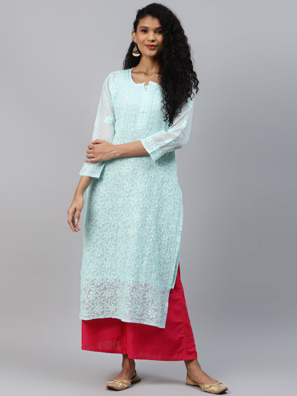 Sea-Green-Kota-Handloom-Embroidered-Chikankari-Kurta-With-Matching-Slip