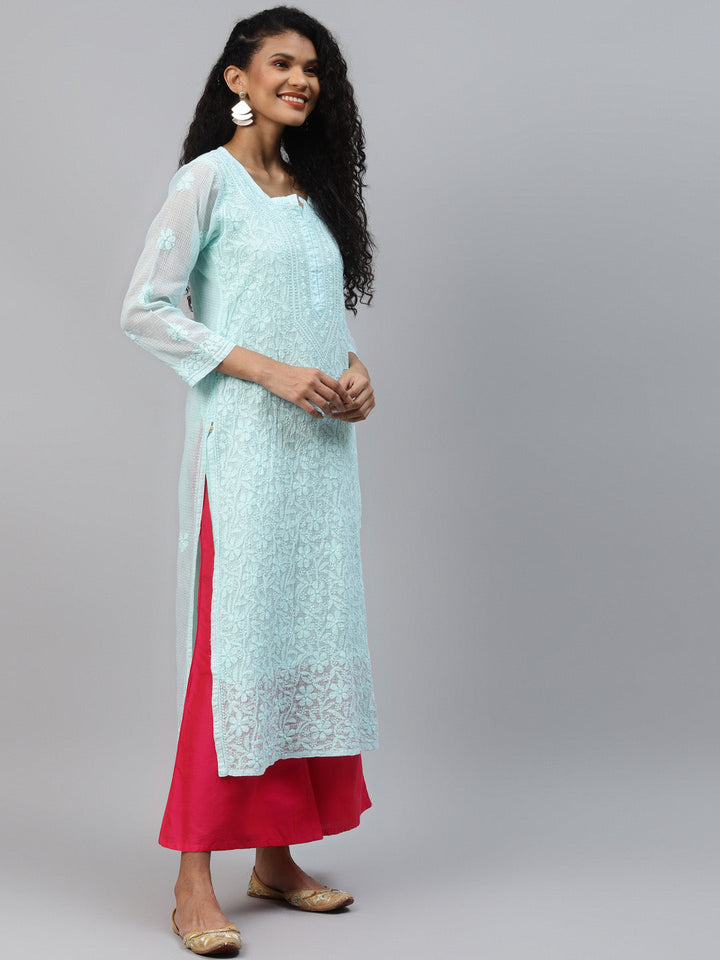 Sea-Green-Kota-Handloom-Embroidered-Chikankari-Kurta-With-Matching-Slip