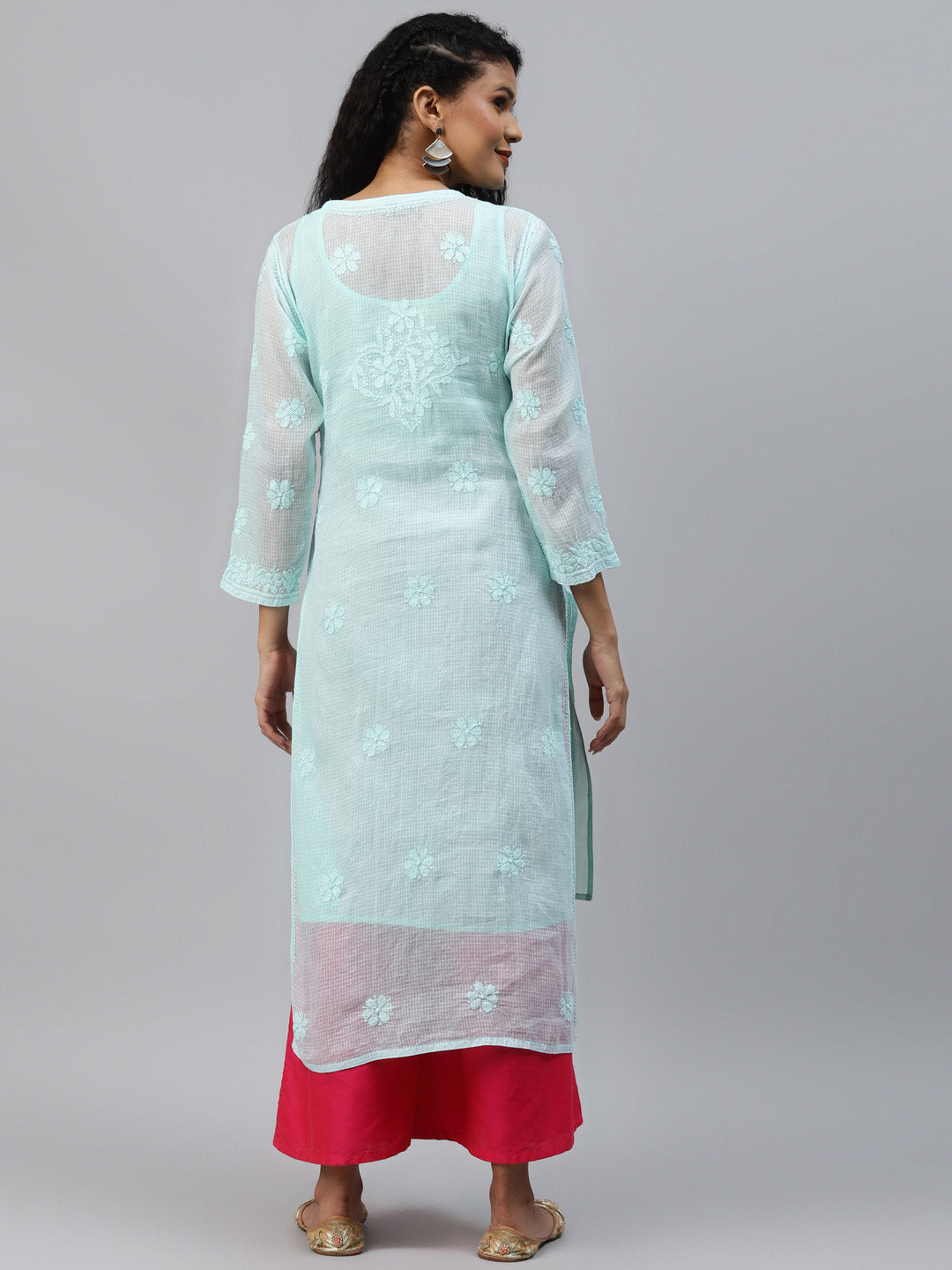 Sea-Green-Kota-Handloom-Embroidered-Chikankari-Kurta-With-Matching-Slip