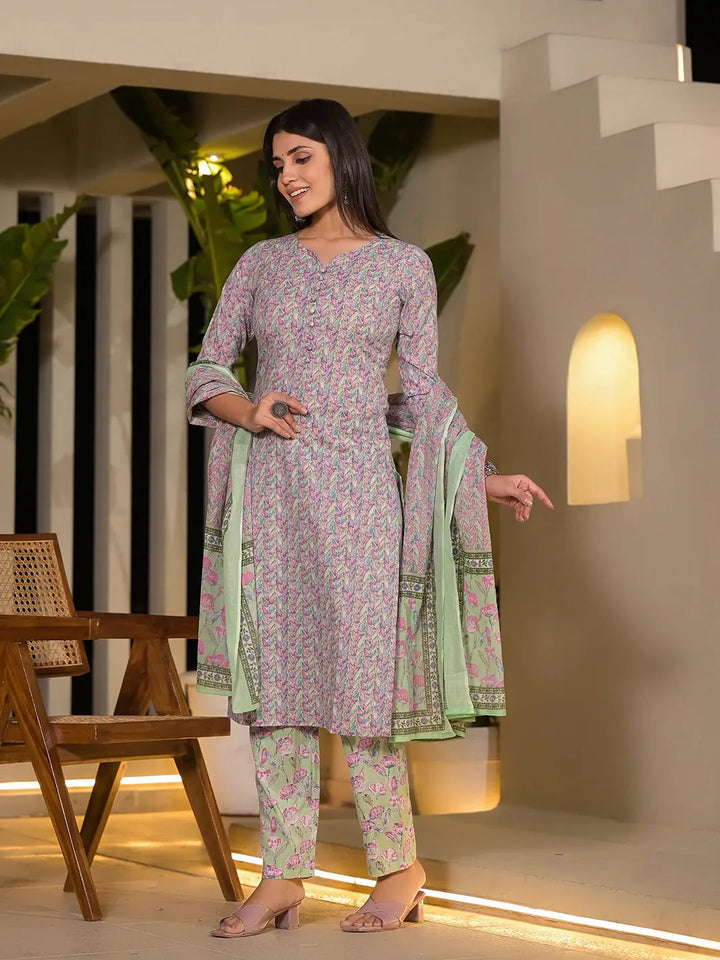 Sea-Green-Cotton-Leaf-Print-Straight-3-Piece-Kurta-Set