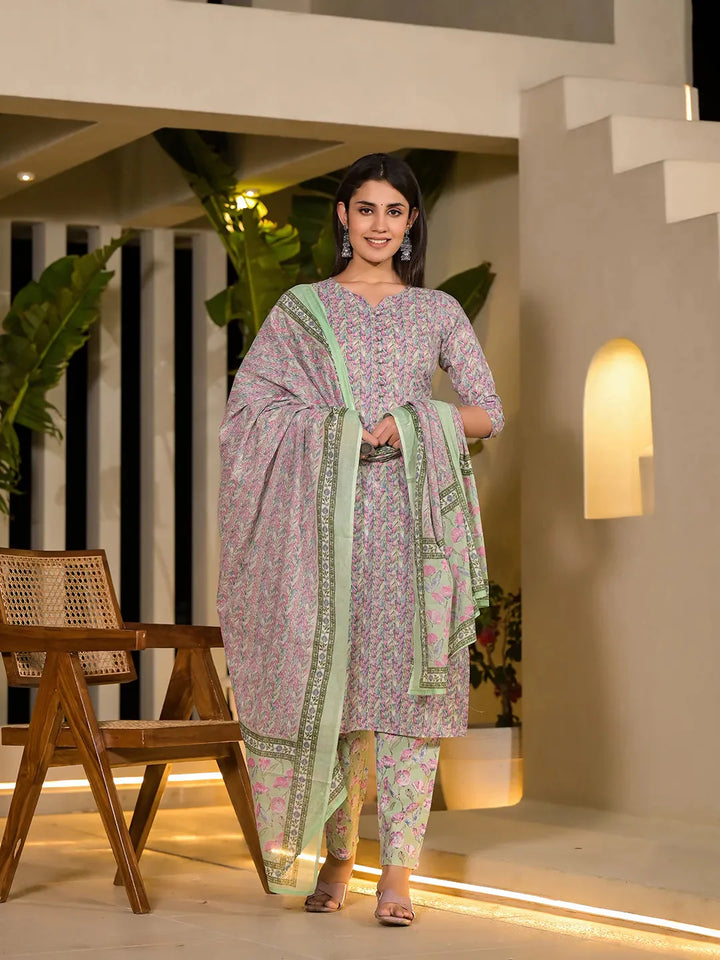 Sea-Green-Cotton-Leaf-Print-Straight-3-Piece-Kurta-Set