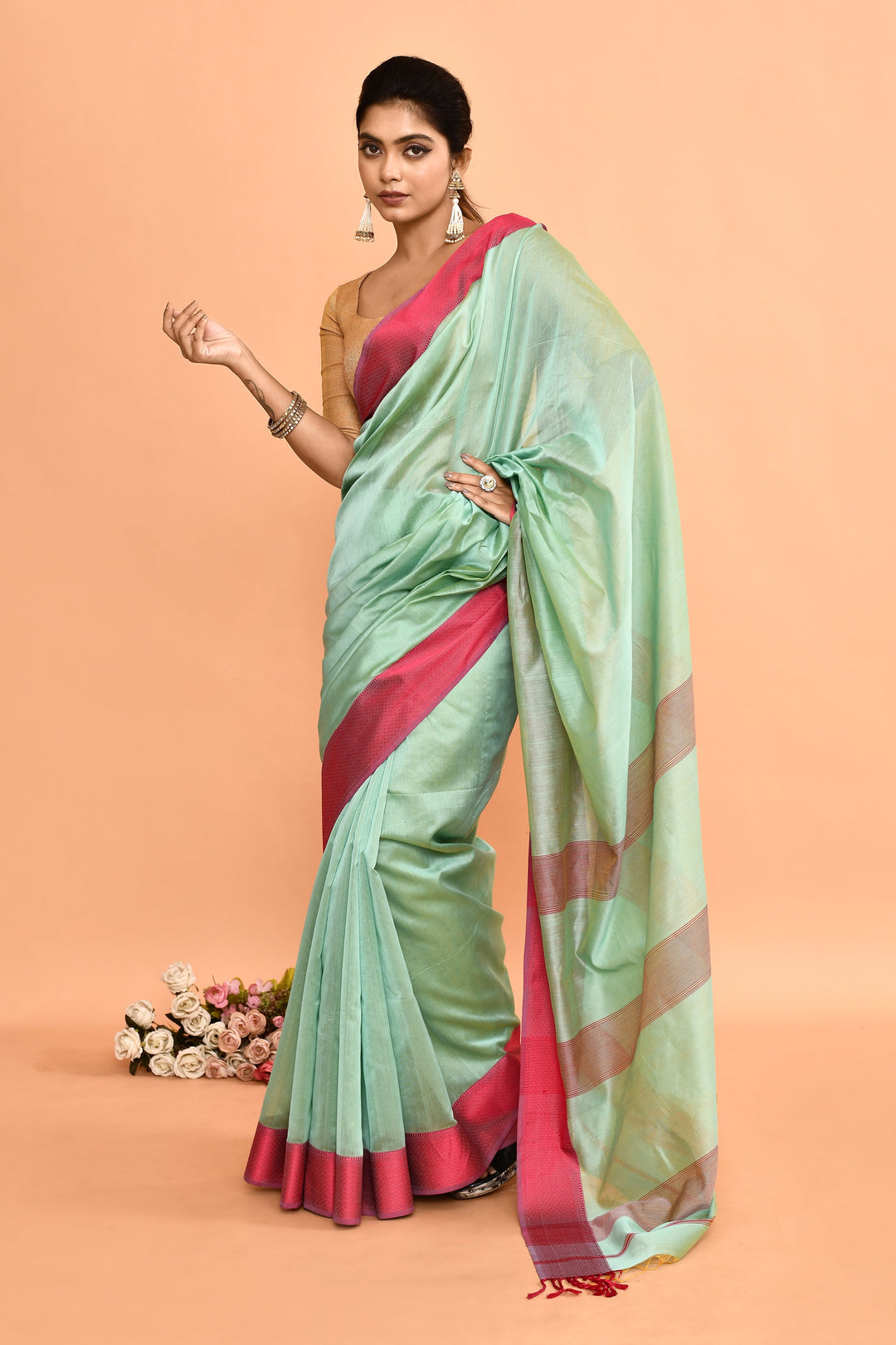 Sea-Green-Maheshwari-Saree-With-Contrast-Resham-Border