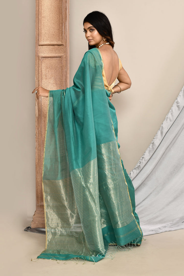 Sea-Green-Maheshwari-Tissue-Saree-With-Golden-Stripes-Pallu