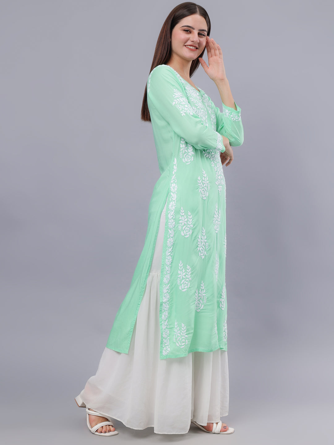 Sea Green Modal Embroidered Chikankari Kurti