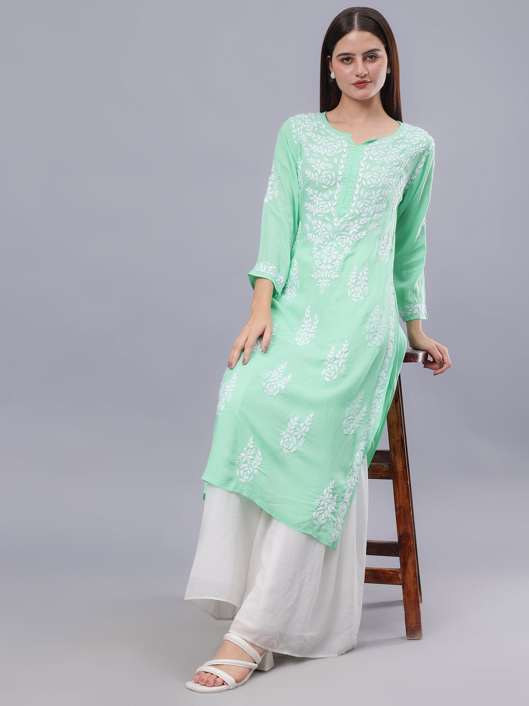 Sea-Green-Modal-Embroidered-Chikankari-Kurti