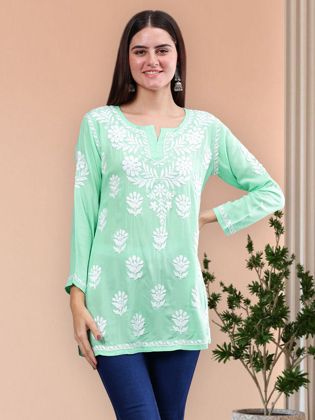 Sea-Green-Modal-Embroidered-Chikankari-Short-Tunic