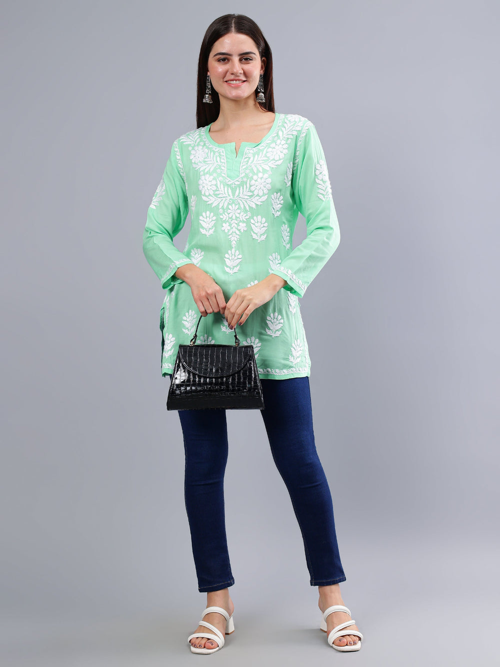 Sea-Green-Modal-Embroidered-Chikankari-Short-Tunic