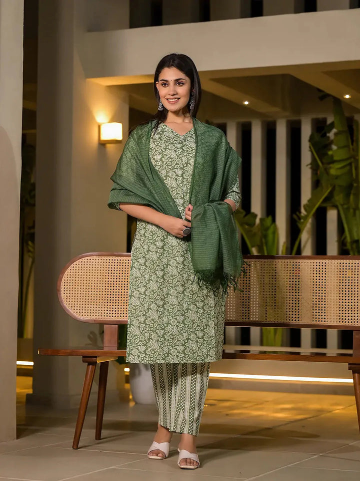 Sea-Green-Cotton-Floral-Print-Straight-3-Piece-Kurta-Set