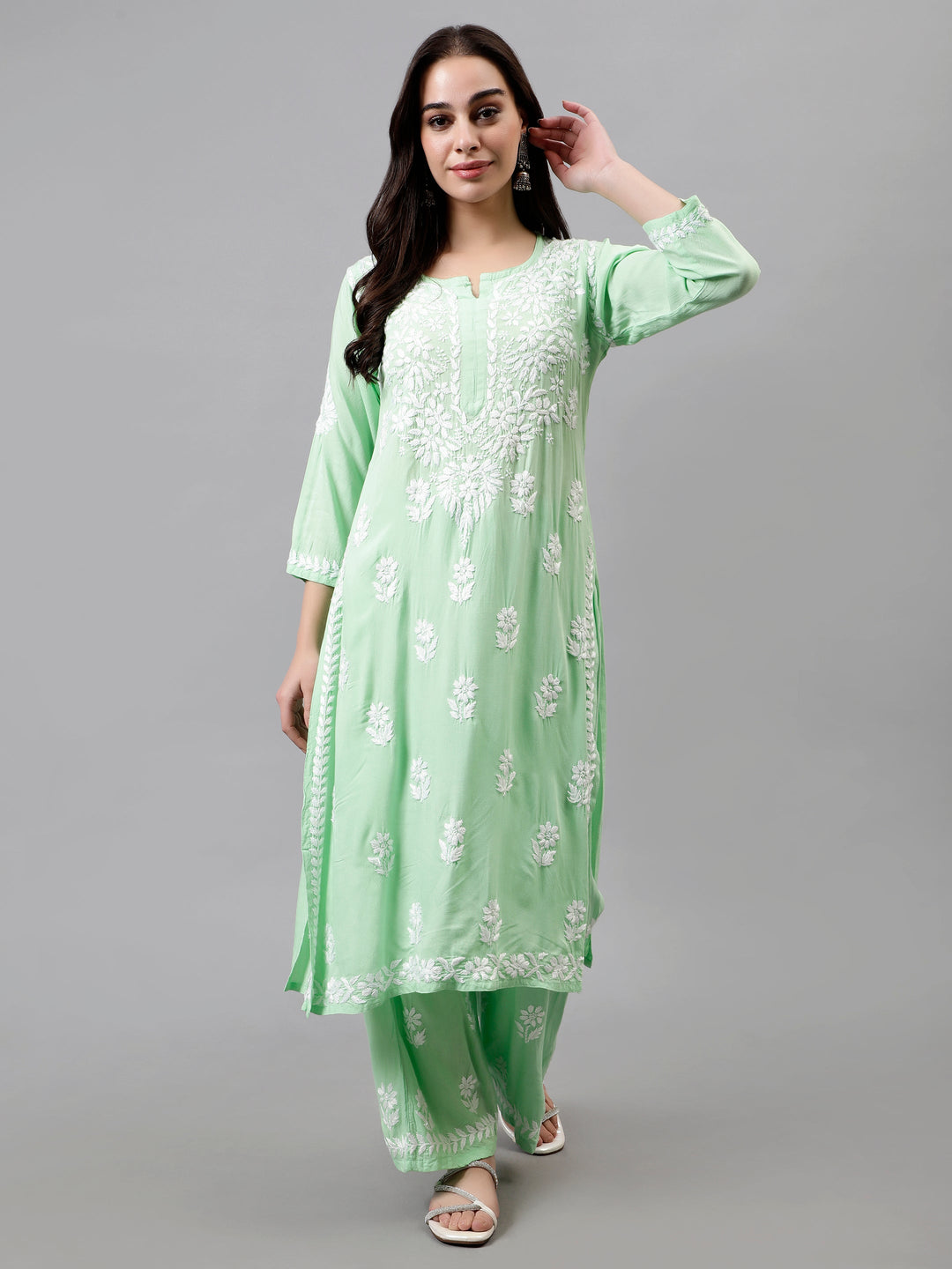 Sea-Green-Rayon-Embroidered-Chikankari-Kurta-&-Palazzo-Set