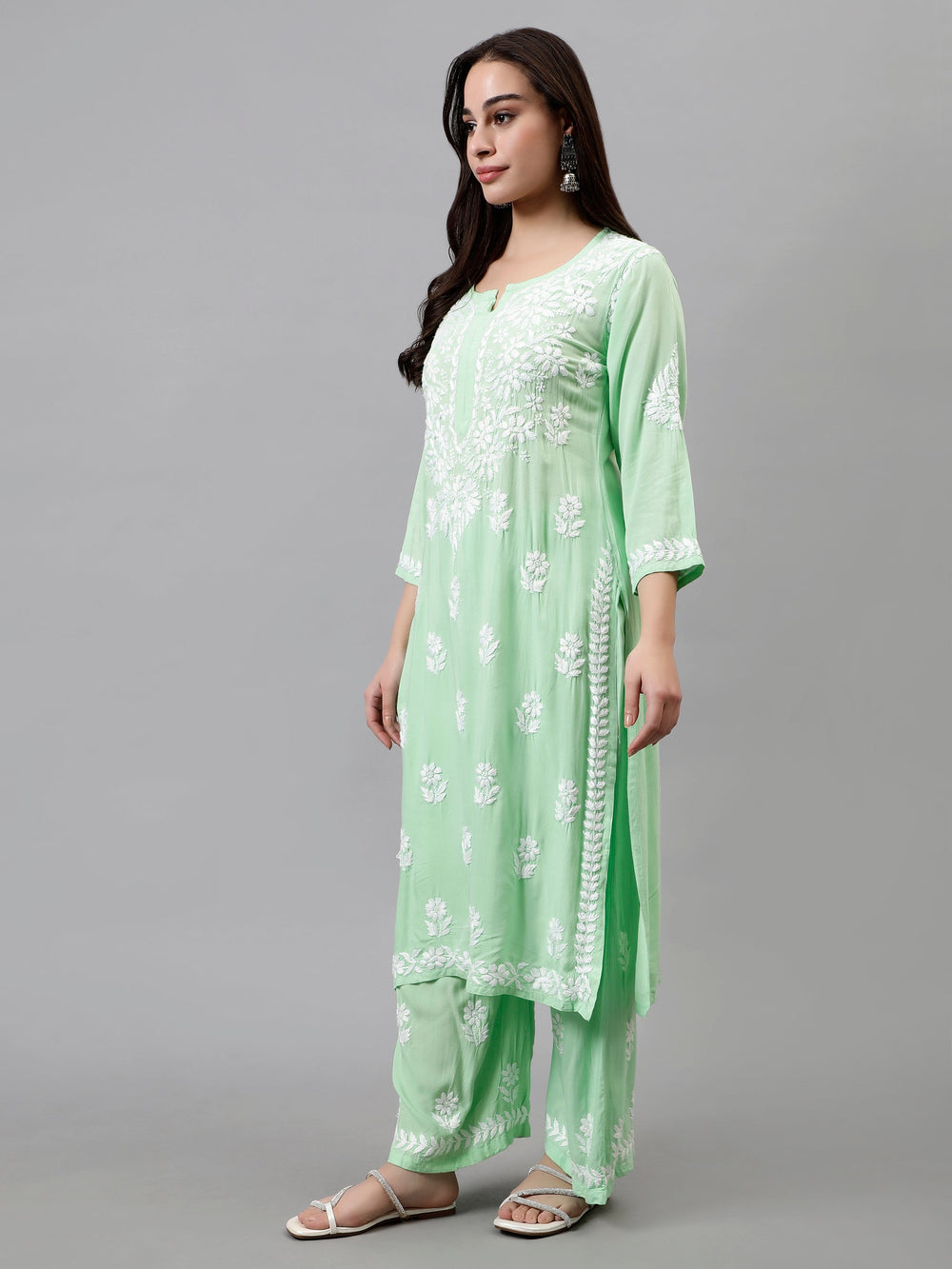 Sea-Green-Rayon-Embroidered-Chikankari-Kurta-&-Palazzo-Set