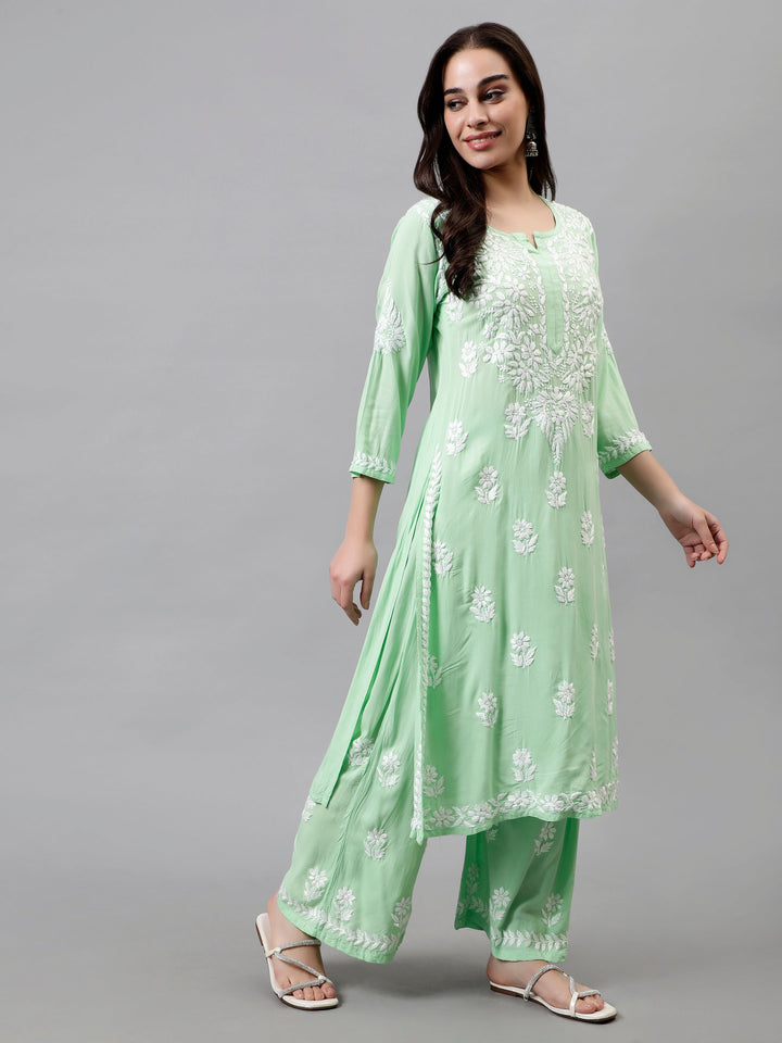 Sea-Green-Rayon-Embroidered-Chikankari-Kurta-&-Palazzo-Set