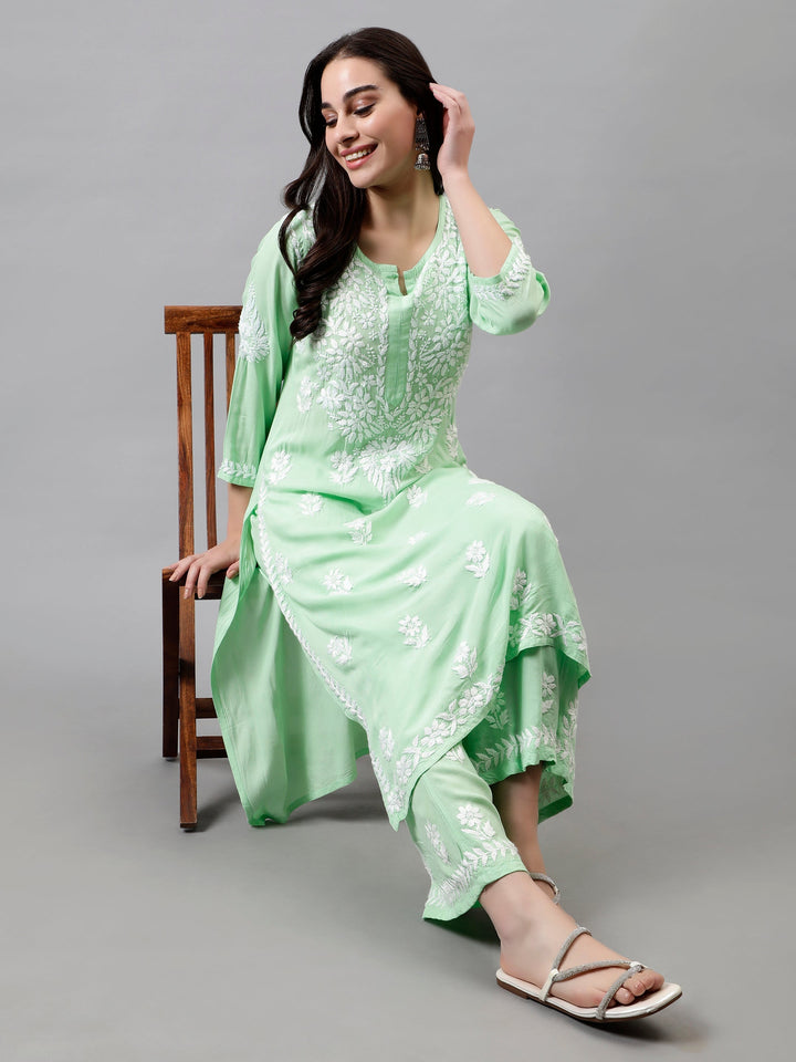 Sea-Green-Rayon-Embroidered-Chikankari-Kurta-&-Palazzo-Set