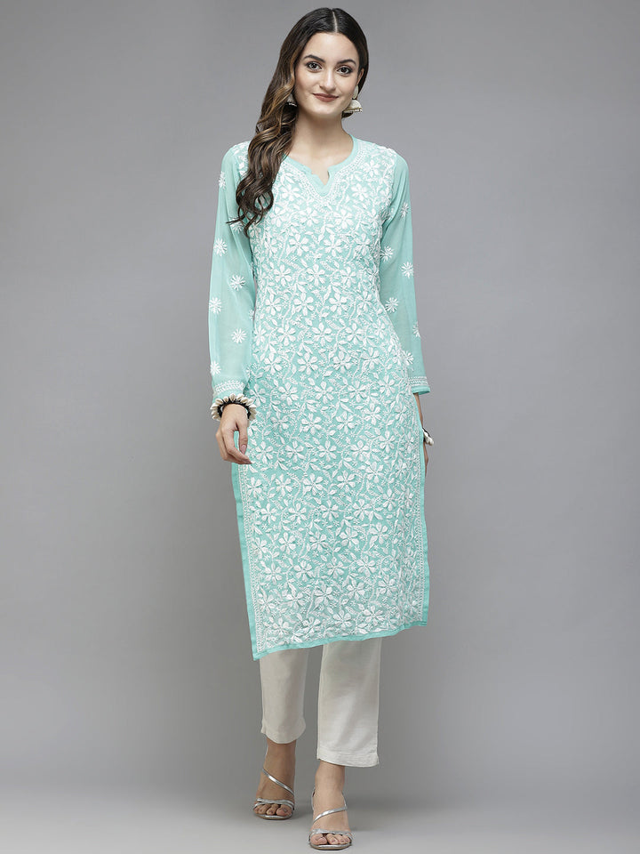 Sea Green Semi-Sheer Chikankari Kurta With Slip