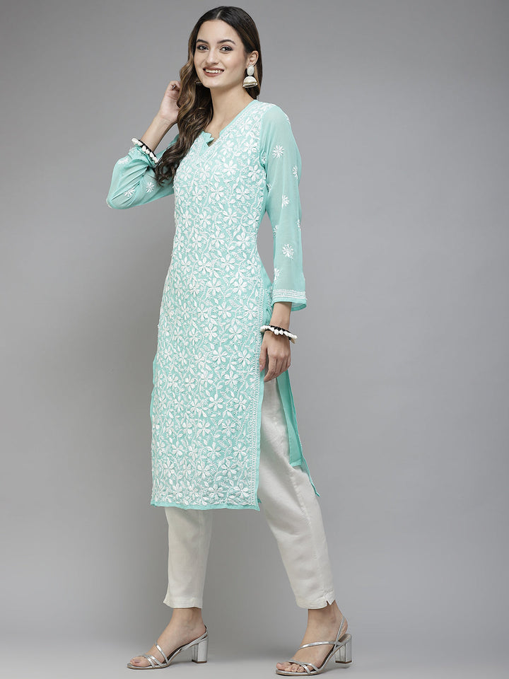 Sea Green Semi-Sheer Chikankari Kurta With Slip