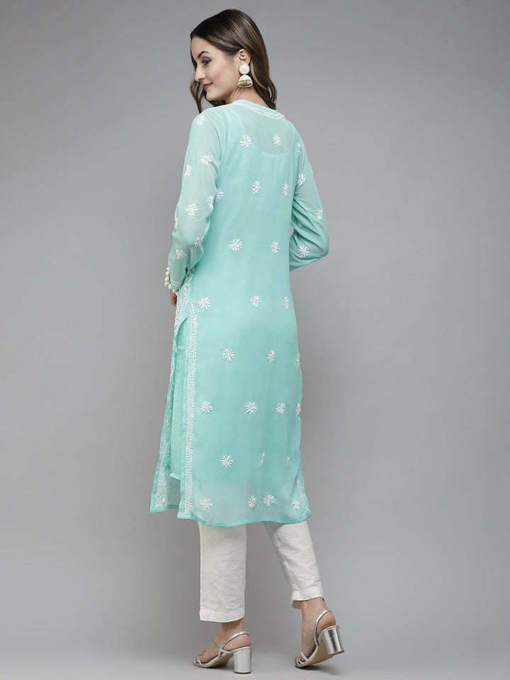 Sea Green Semi-Sheer Chikankari Kurta With Slip