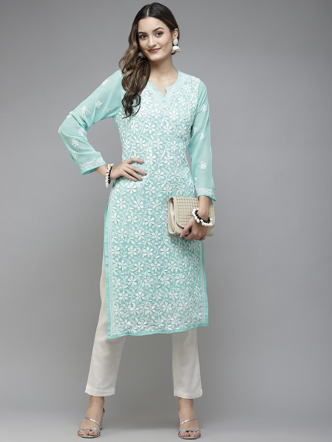 Sea Green Semi-Sheer Chikankari Kurta With Slip