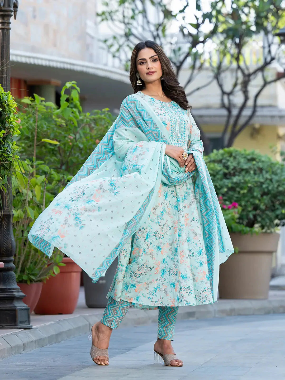 Sea-Green-Cotton-Sequins-Work-Floral-Printed-Anarkali-Set