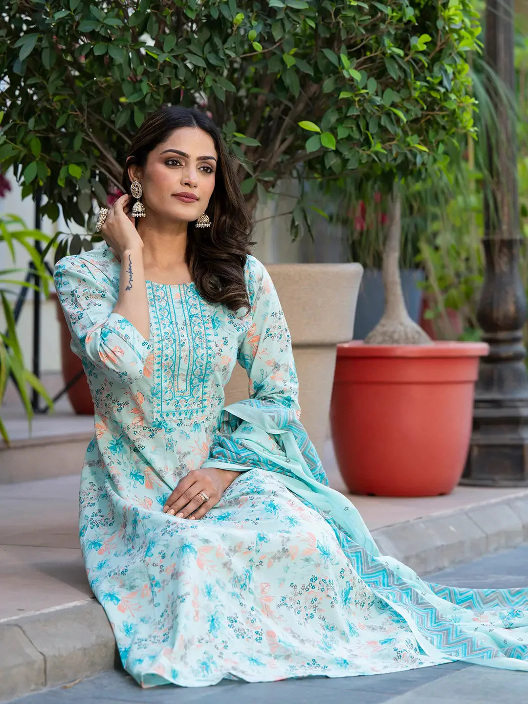 Sea-Green-Cotton-Sequins-Work-Floral-Printed-Anarkali-Set