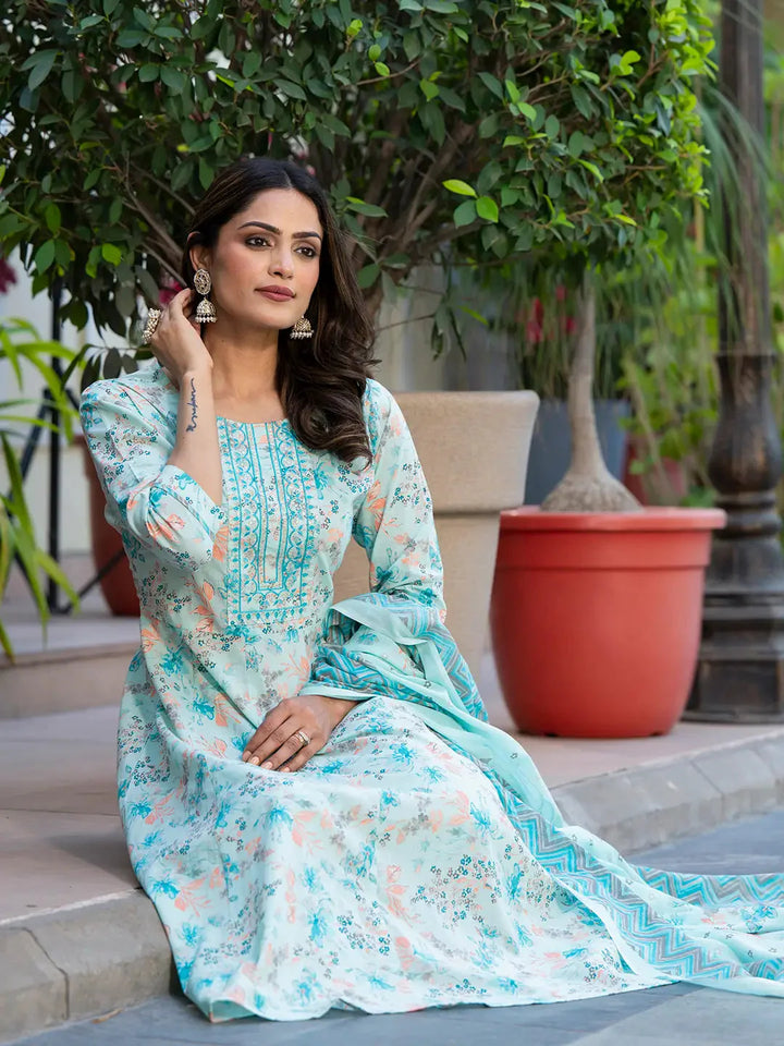 Sea-Green-Cotton-Sequins-Work-Floral-Printed-Anarkali-Set